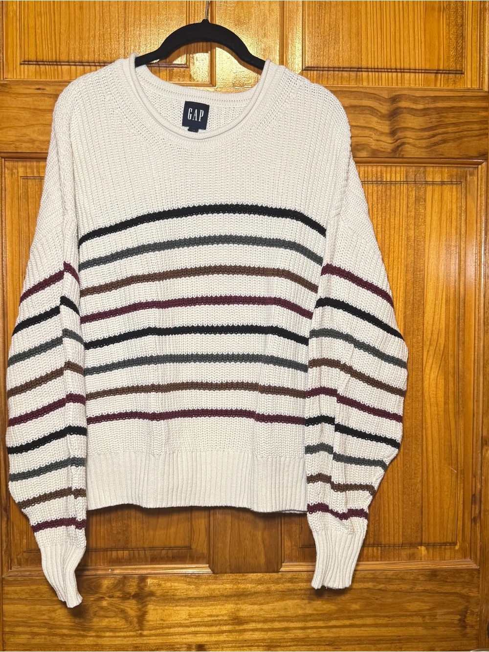 GAP Cream Crewneck Sweater with Black, Brown and Burgundy Stripes